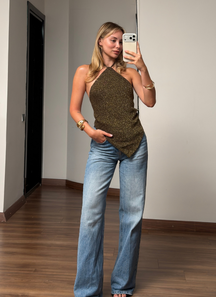 KAHVE SİMLİ HALTER YAKA TRİKO BLUZ