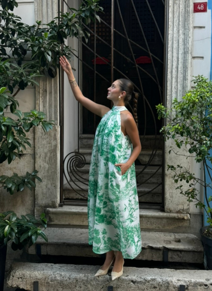 YEŞİL PAMUK KETEN ELBİSE