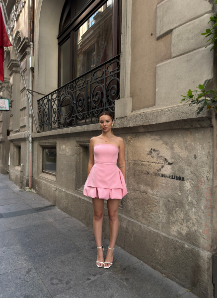 PEMBE STRAPLEZ BALON ELBİSE