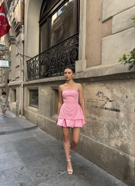 PEMBE STRAPLEZ BALON ELBİSE