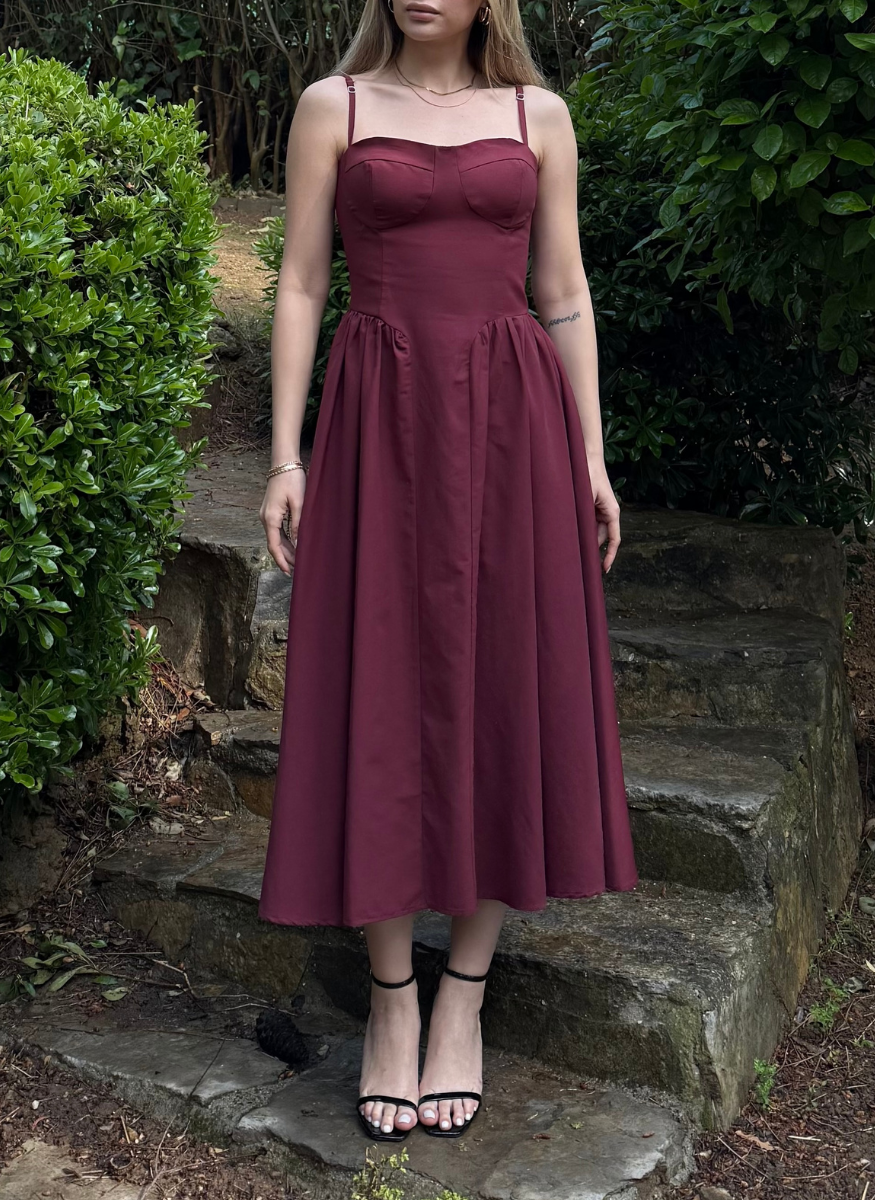 BORDO POPLİN ELBİSE