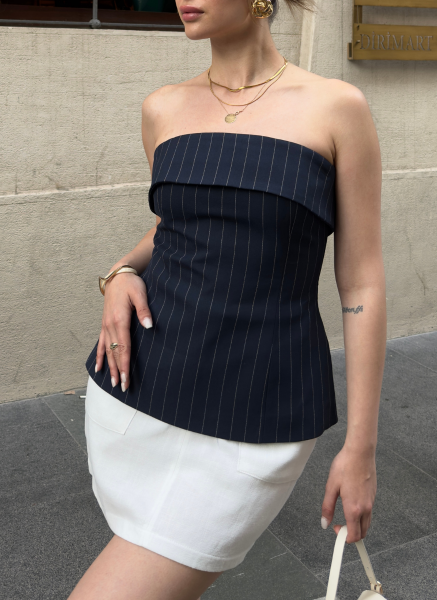 LACİVERT ÇİZGİLİ STRAPLEZ BLUZ