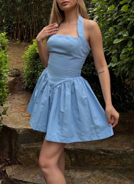 MAVİ HALTER YAKA ELBİSE
