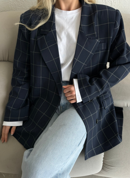 LACİVERT KARELİ OVERSİZE BLAZER