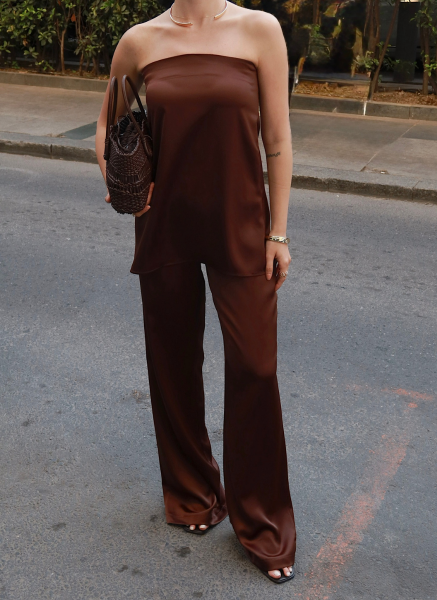 KAHVE SATEN STRAPLEZ TAKIM