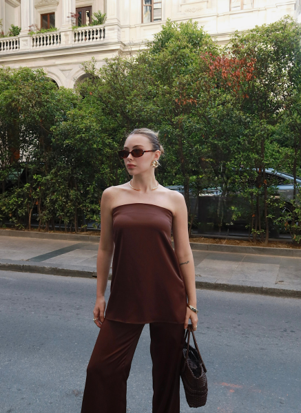 KAHVE SATEN STRAPLEZ TAKIM