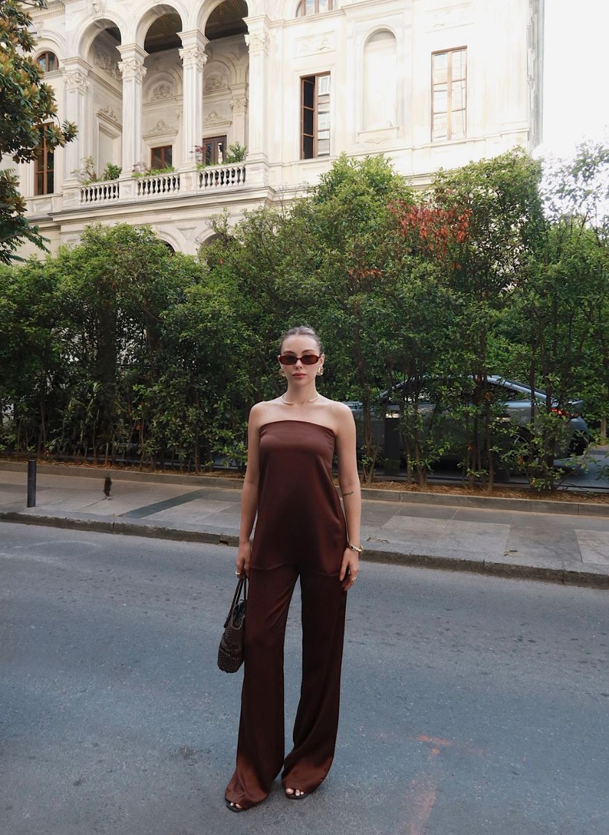 KAHVE SATEN STRAPLEZ TAKIM