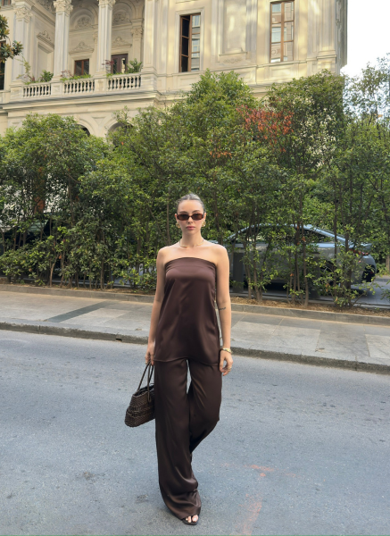 KAHVE SATEN STRAPLEZ TAKIM