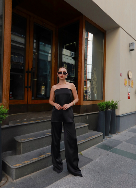 SİYAH SATEN STRAPLEZ TEKIM