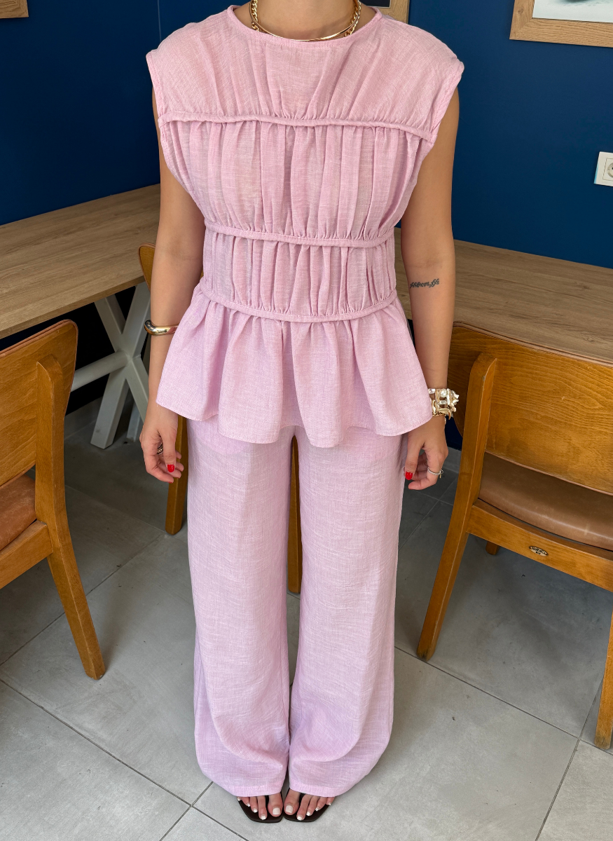 PEMBE BİYELİ KETEN TAKIM