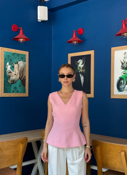 PEMBE V YAKA DOUBLE YELEK