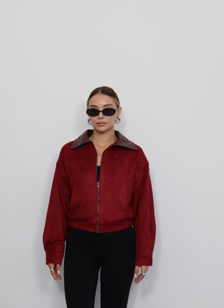 BORDO DERİ YAKALI BOMBER