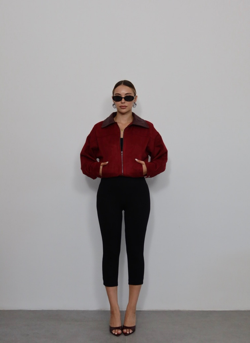 BORDO DERİ YAKALI BOMBER
