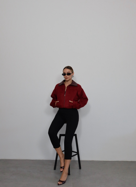 BORDO DERİ YAKALI BOMBER