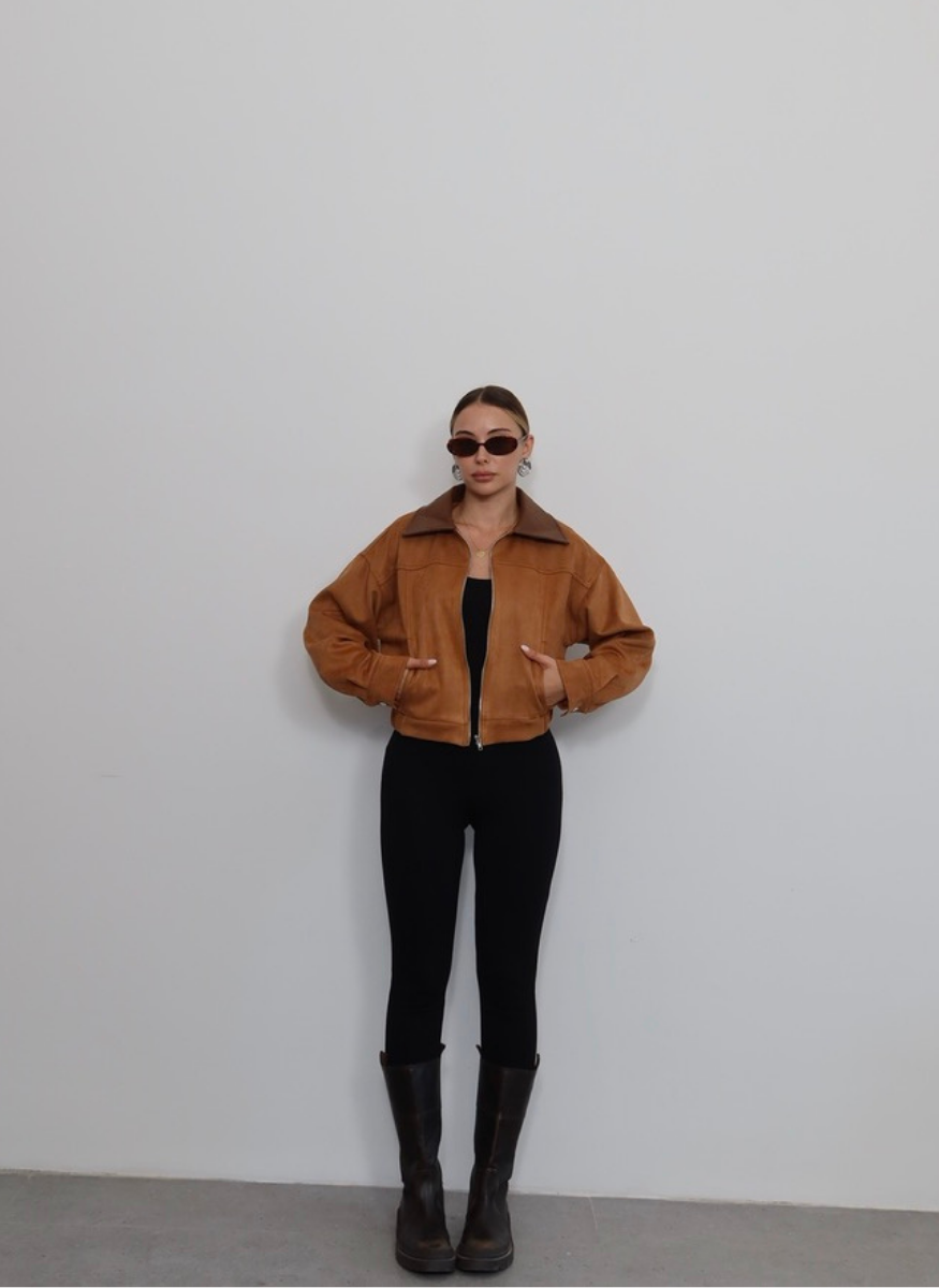 TABA DERİ YAKALI BOMBER