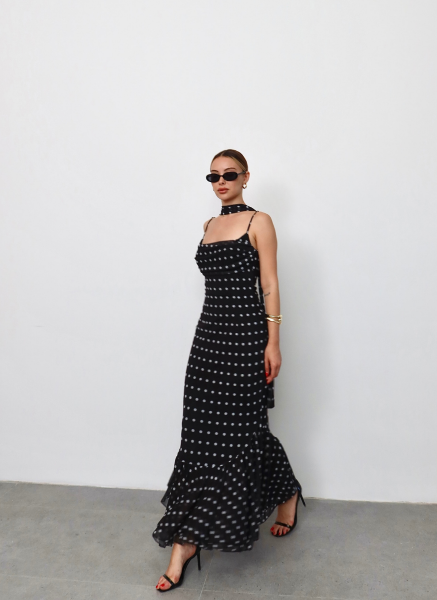 SİYAH ŞALLI PUANTİYE ELBİSE