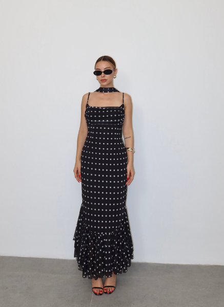 SİYAH ŞALLI PUANTİYE ELBİSE