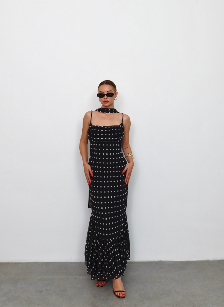 SİYAH ŞALLI PUANTİYE ELBİSE