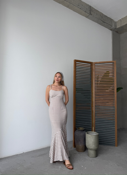 BEJ EKOSELİ FLOŞ ELBİSE