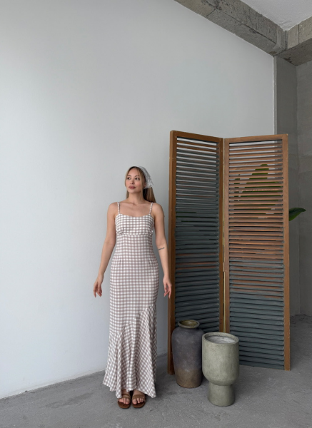 BEJ EKOSELİ FLOŞ ELBİSE