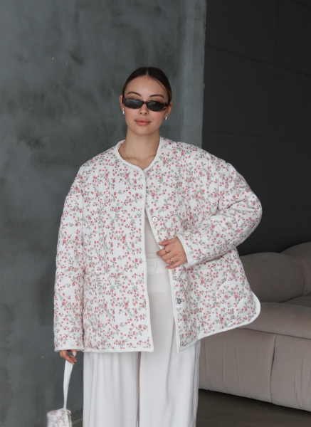 KIRMIZI ÇİÇEKLİ OVERSİZE KAPİTONE CEKET