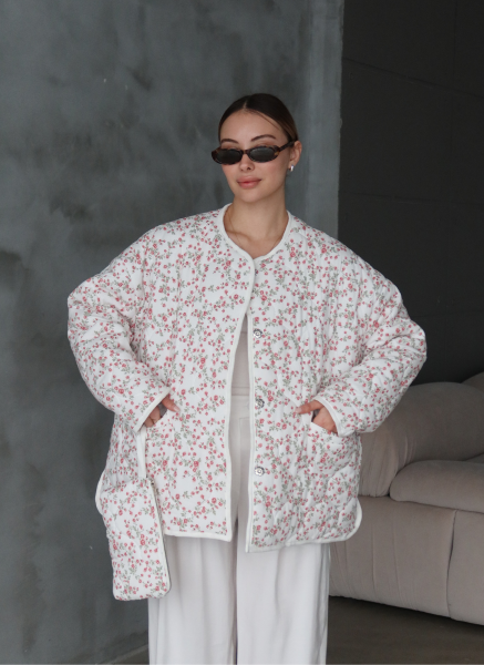 KIRMIZI ÇİÇEKLİ OVERSİZE KAPİTONE CEKET