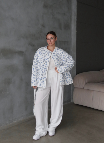 MAVİ ÇİÇEKLİ OVERSİZE KAPİTONE CEKET