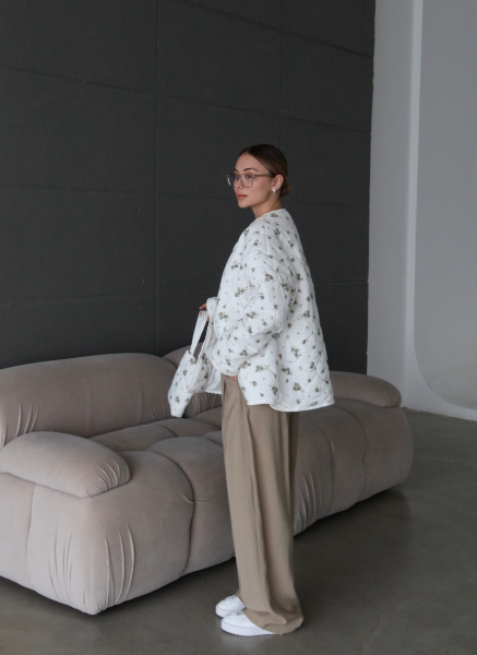 HAKİ ÇİÇEKLİ OVERSİZE KAPİTONE CEKET