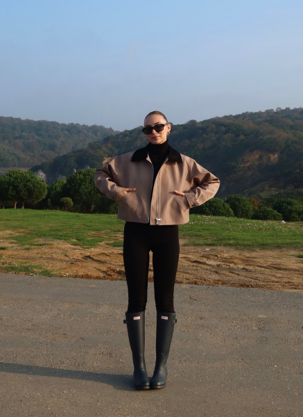 BEJ KADİFE YAKALI BONDİT CEKET