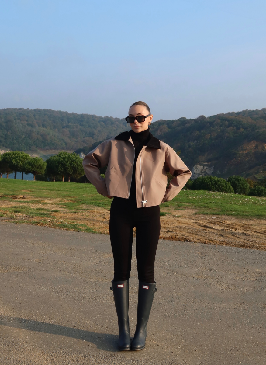 BEJ KADİFE YAKALI BONDİT CEKET