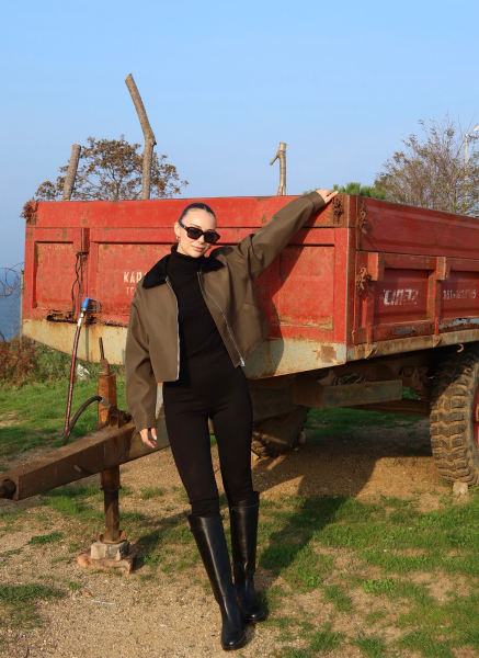 HAKİ KADİFE YAKALI BONDİT CEKET