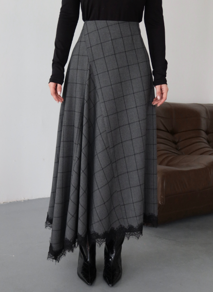 ANTRASİT DANTEL DETAYLI KARELİ ETEK