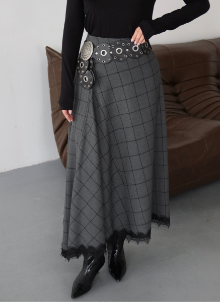 ANTRASİT DANTEL DETAYLI KARELİ ETEK