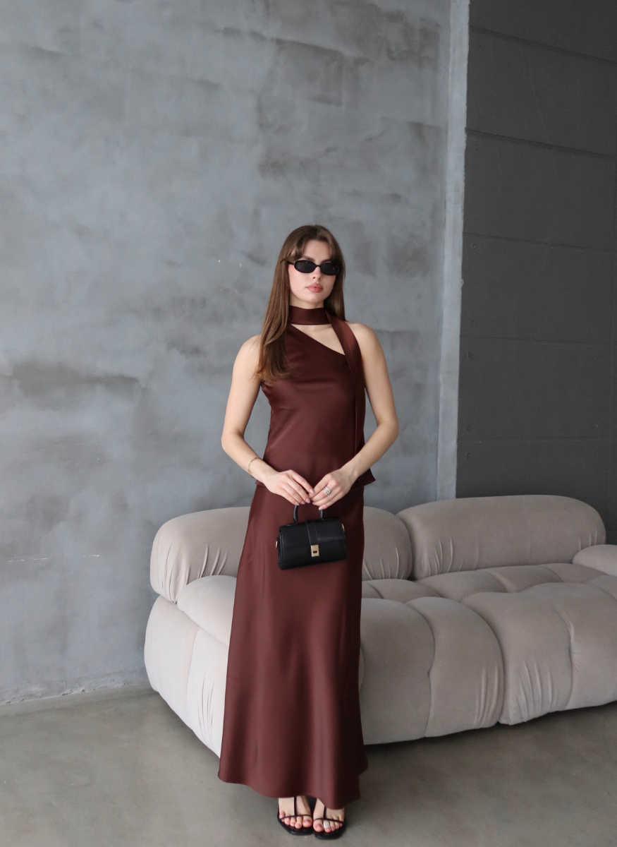 KAHVE SATEN ŞALLI BLUZ