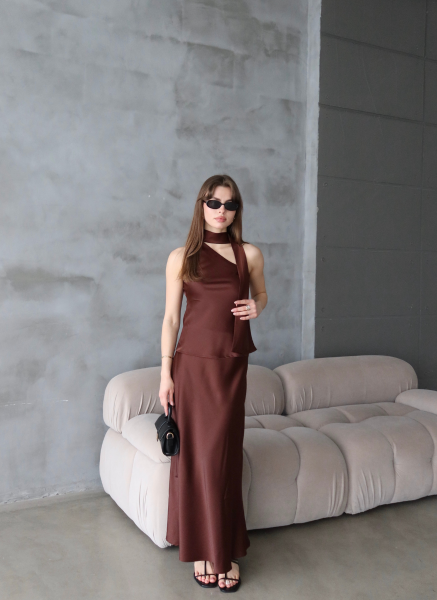 KAHVE SATEN ŞALLI BLUZ
