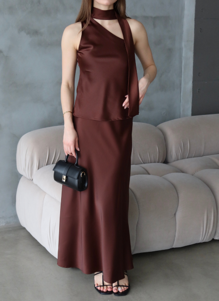 KAHVE SATEN ŞALLI BLUZ