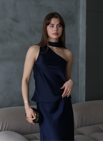 LACİVERT SATEN ŞALLI BLUZ