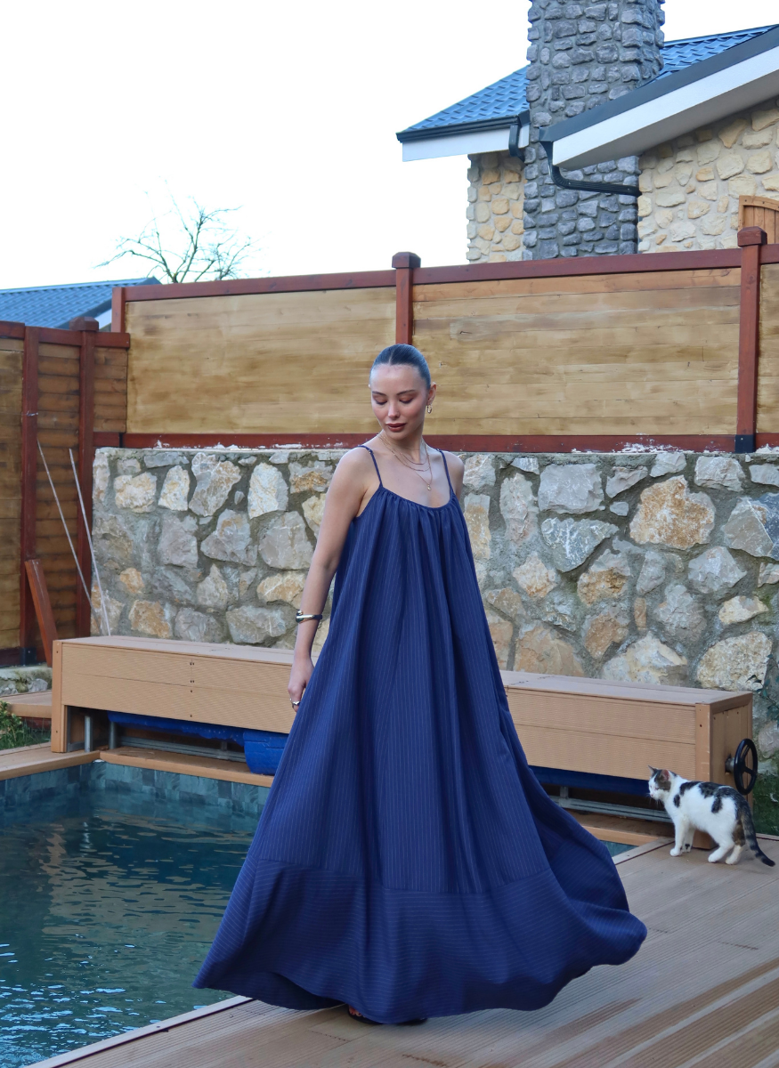 LACİVERT ASKILI POPLİN ELBİSE