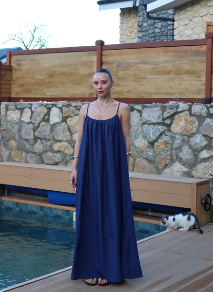 LACİVERT ASKILI POPLİN ELBİSE