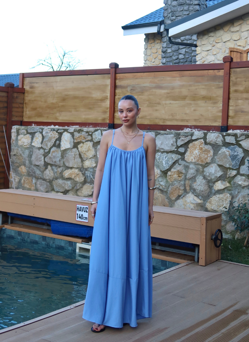 MAVİ ASKILI POPLİN ELBİSE