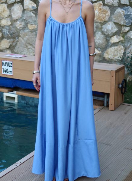 MAVİ ASKILI POPLİN ELBİSE