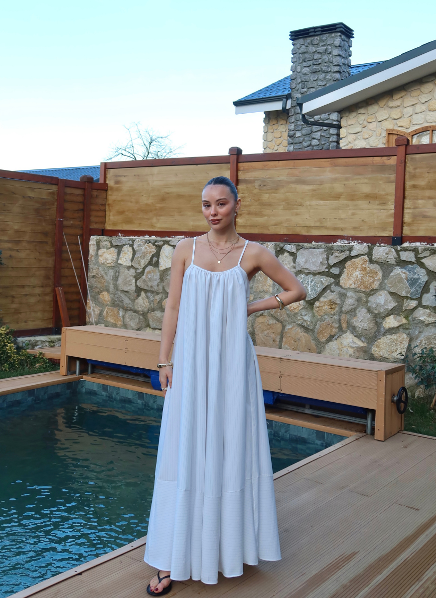 EKRU ASKILI POPLİN ELBİSE