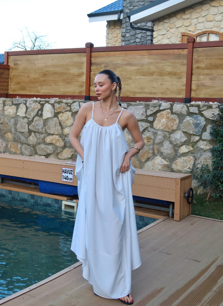 EKRU ASKILI POPLİN ELBİSE