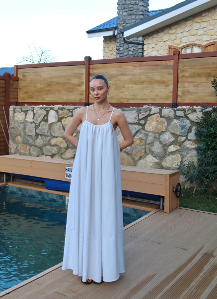 EKRU ASKILI POPLİN ELBİSE