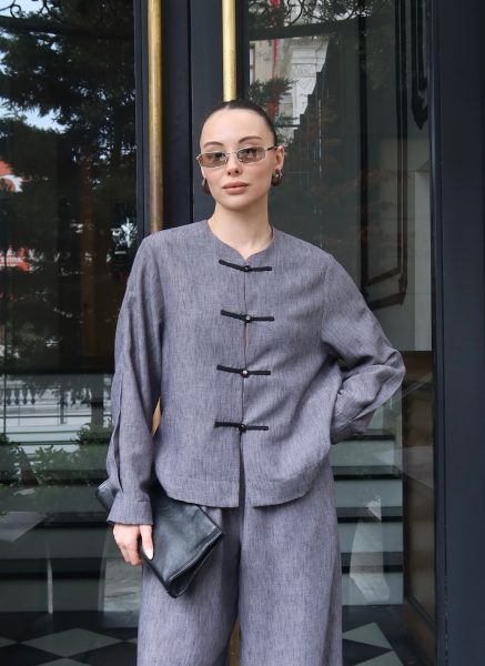 GRİ KETEN ÇİN DÜĞMELİ GÖMLEK